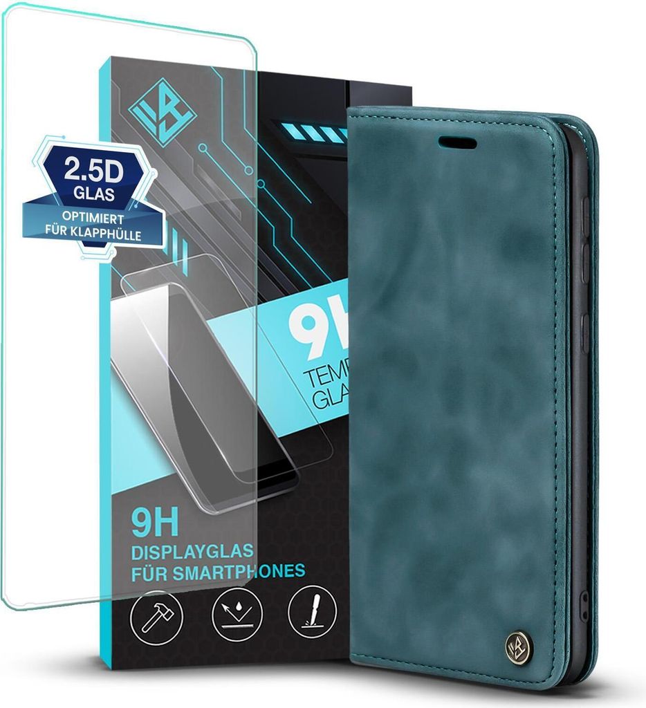 Handy Hülle für Samsung Galaxy A70 mit 9H Displayglas Klapphülle Bookcase Flip Cover Handy Tasche Etui Farbe: Petrol