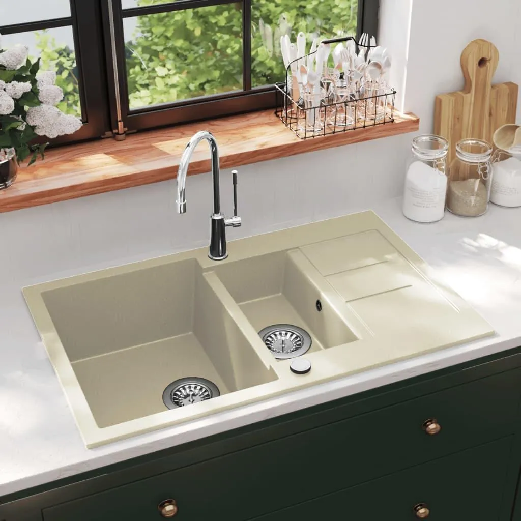 Évier granit beige vidaXL 2 bacs : durable, anti-taches, facile à nettoyer