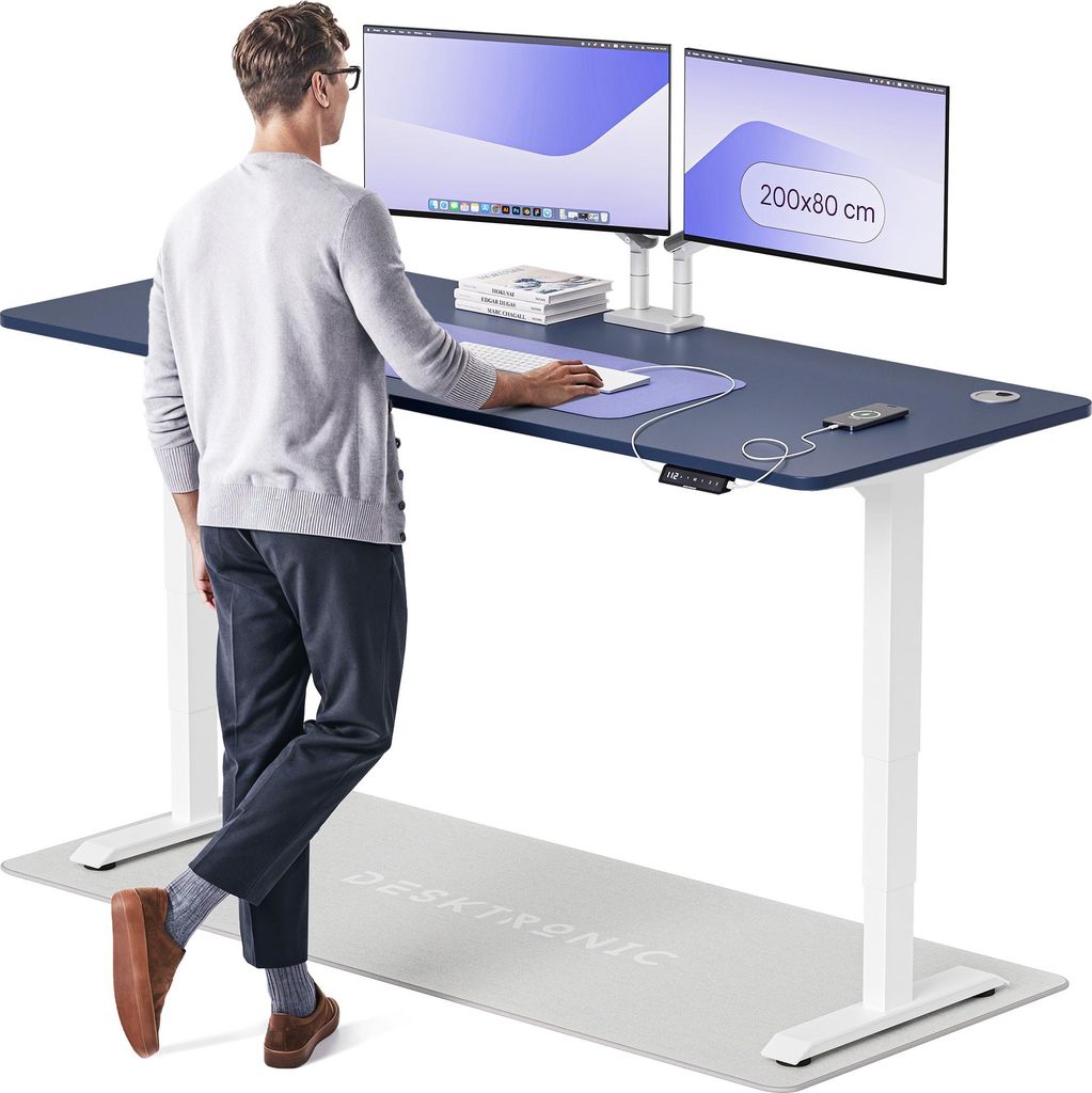 Desktronic HomePro Elektrisch höhenverstellbarer Schreibtisch 200x80cm Weiß/Blau mit Memory-Funktion, Anti-Kollisions Technologie, USB-A und USB-...