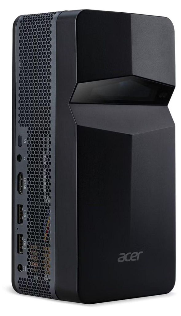 A black Acer mini PC is shown from a slightly angled front view against a white background.