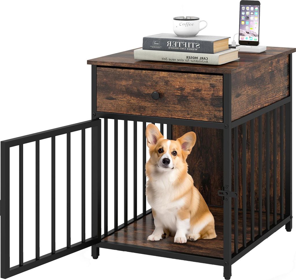 GOPLUS Hundekäfig Möbel, 60 cm Hundebox für zuhause, Hundehütte Metal für Haustiere mit Ladestation, abschließbare Tür, Braun+Schwarz