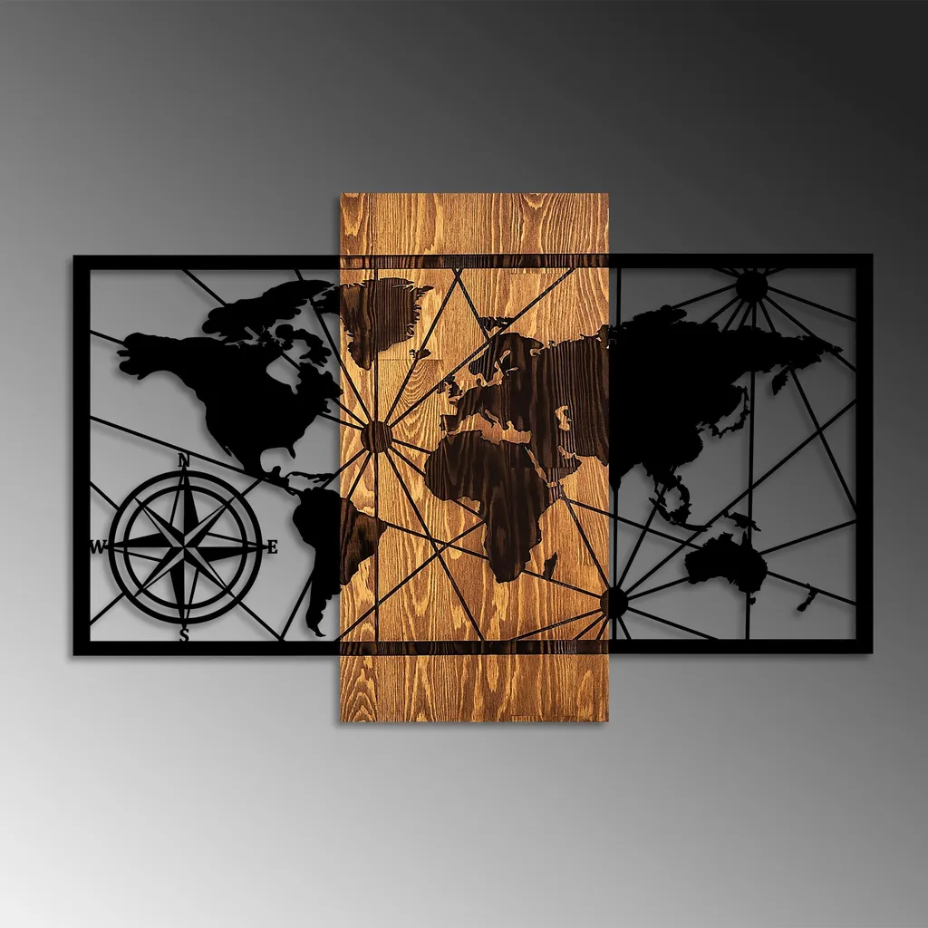Wallity, Mappa del mondo 3-M, Accessorio decorativo da parete in legno, 100 % LEGNO / METALLO, Noce, 57 x 84 cm - 4
