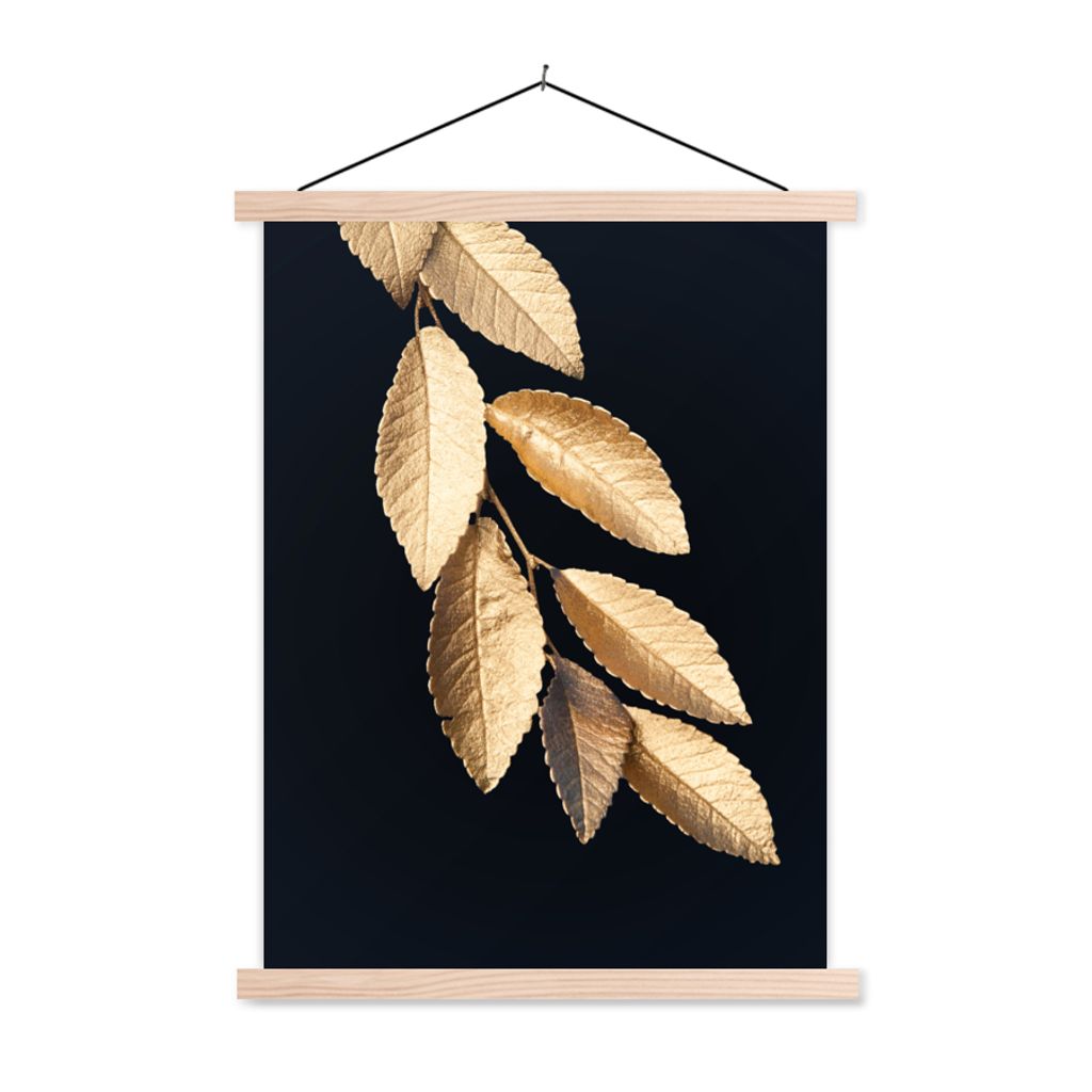 MuchoWow Textilposter Blätter - Schwarz - Gold - Luxus - Pflanzen 40x53 cm mit holzfarbenen Rahmen - Schlafzimmer