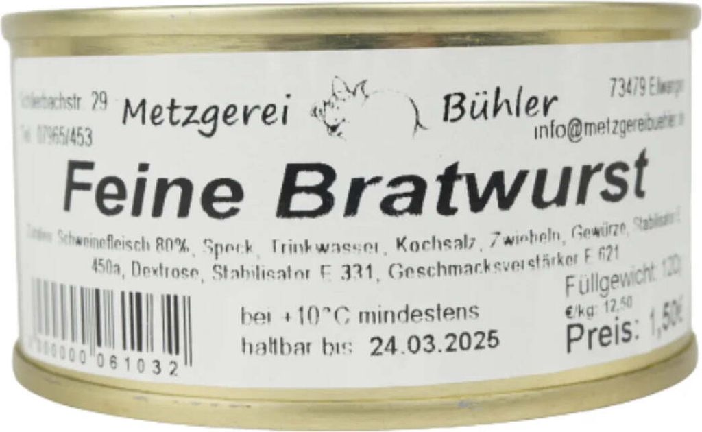Feine Bratwurst Dosenwurst 120g-190g - Wurstkonserve | Metzgerei Bühler – 120g