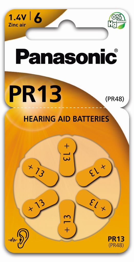 A retail package of Panasonic PR13 hearing aid batteries.