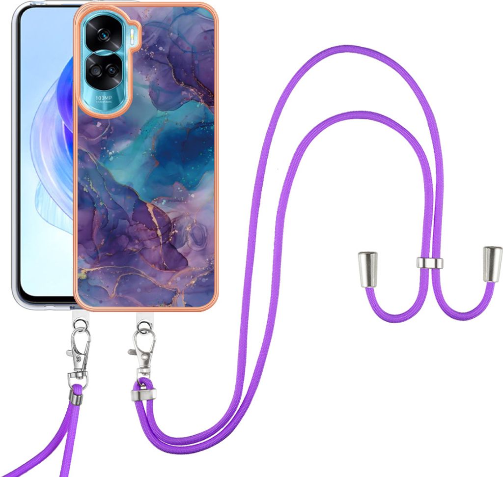 Handykette Hülle für Honor 90 Lite 5G Muster TPU Schutzhülle mit verstellbarem Tragegurt Dunkelblau