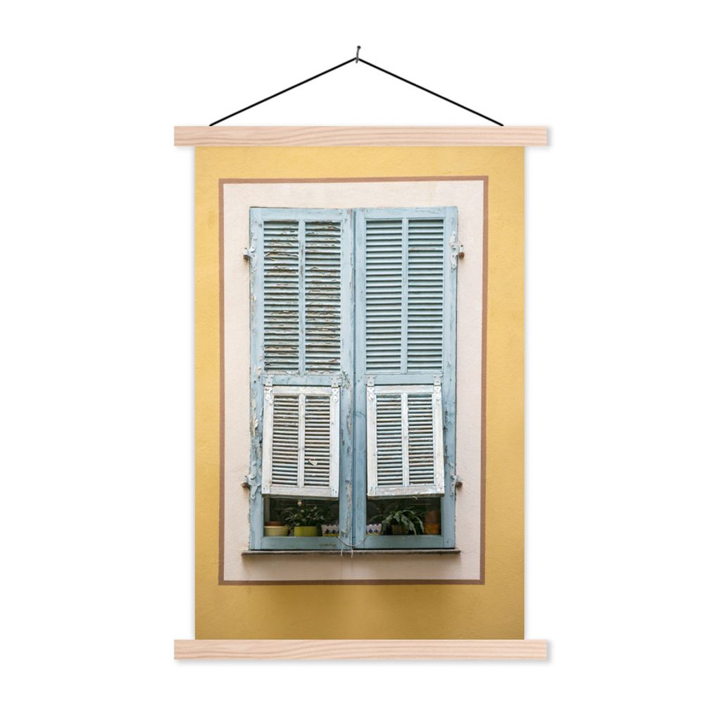 MuchoWow Textilposter Altes weißes Fenster mit alten Fensterläden 60x90 cm mit holzfarbenen Rahmen - Textil