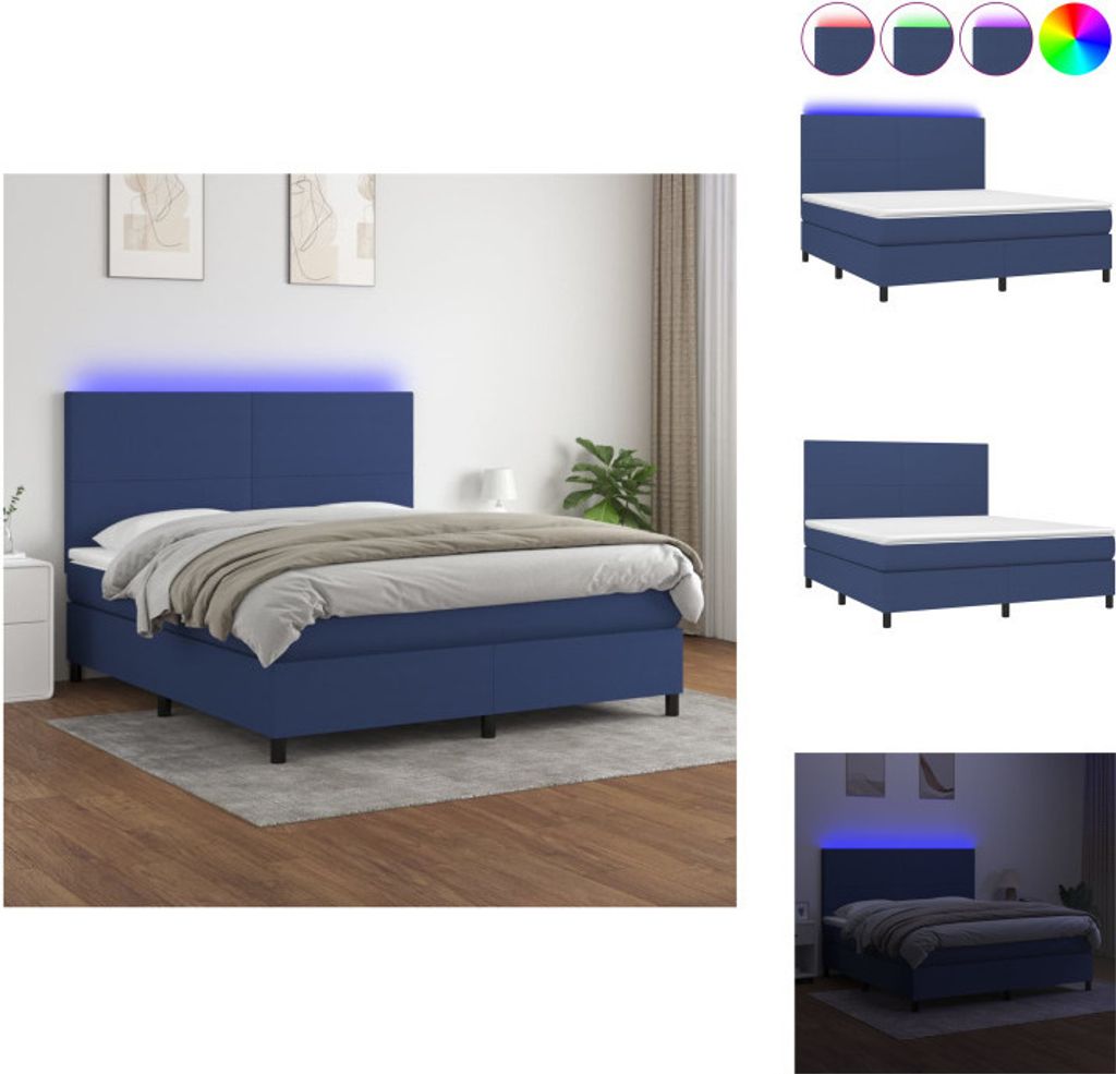 vidaXL Boxspringbett mit Matratze & LED Blau 180x200 cm Stoff - Betten & Bettgestelle