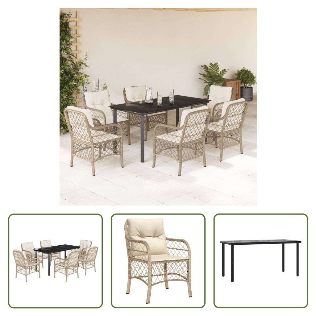 The Living Store 7-tlg. Garten-Essgruppe mit Kissen Beige Poly Rattan