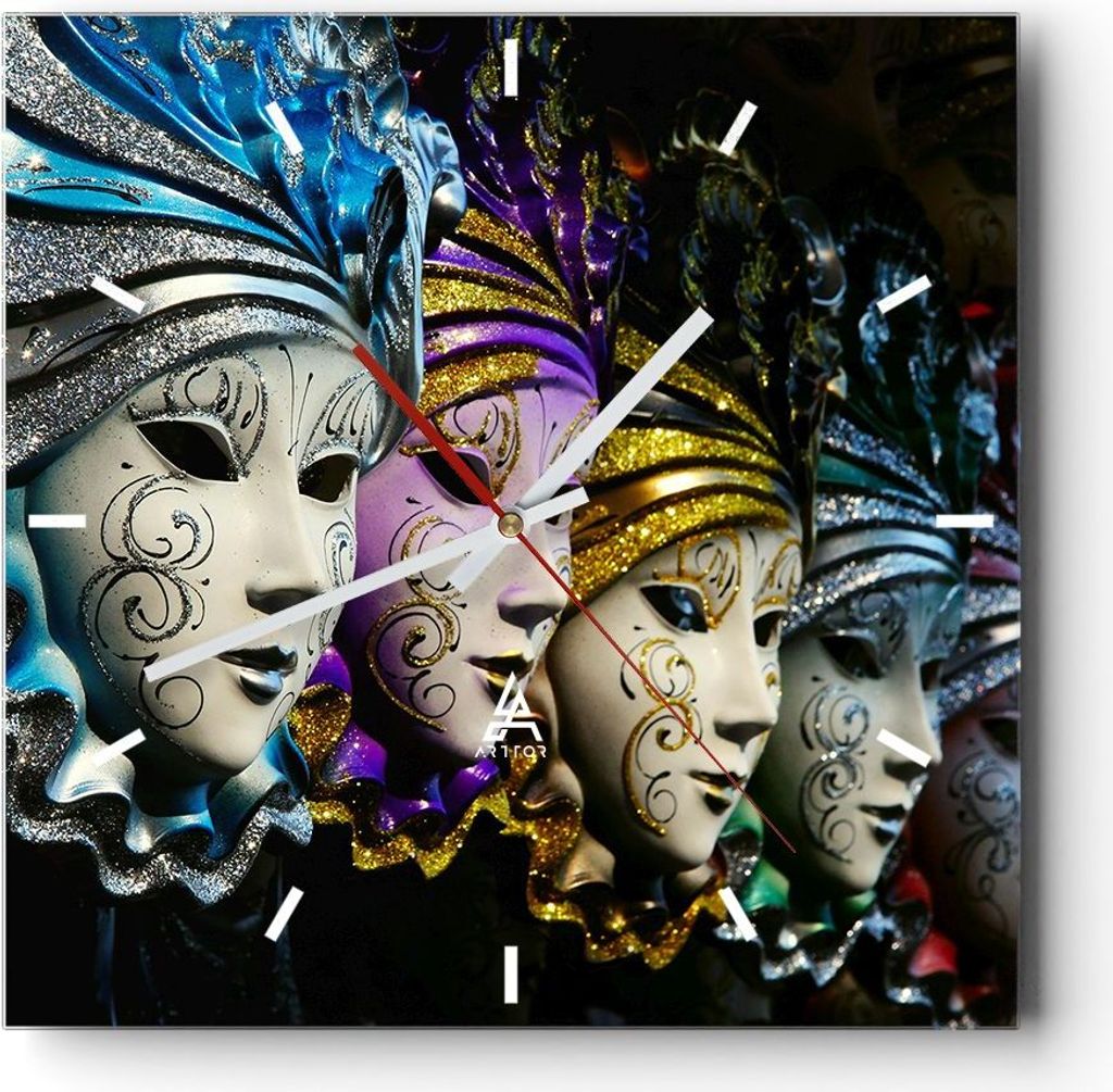 Wanduhr - Quadrat - Glasuhr - Abstrakt Maske Feder Festival - 40x40cm - Schleichendes Uhrwerk - Lautlos - zum Aufhängen bereit - Dekoration Modern...