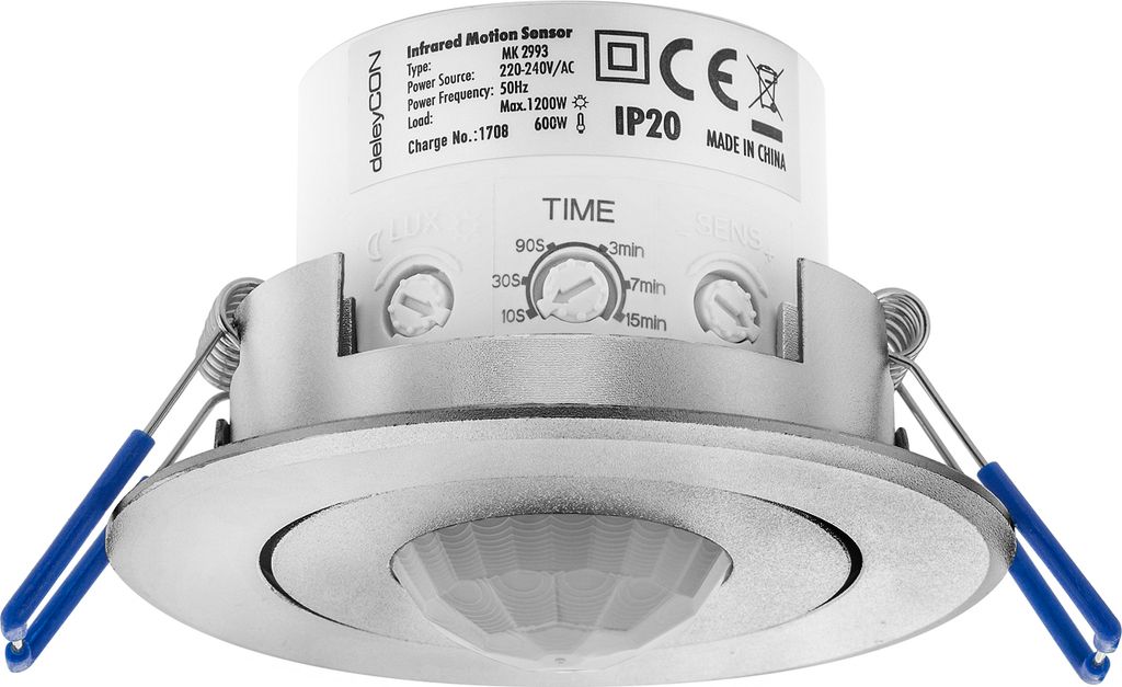 deleyCON Infrarot Decken-Bewegungsmelder - Innenbereich - Reichweite 8m bei 360° - einstellbare Umgebungshelligkeit - IP20 - Unterputz - Aluminium