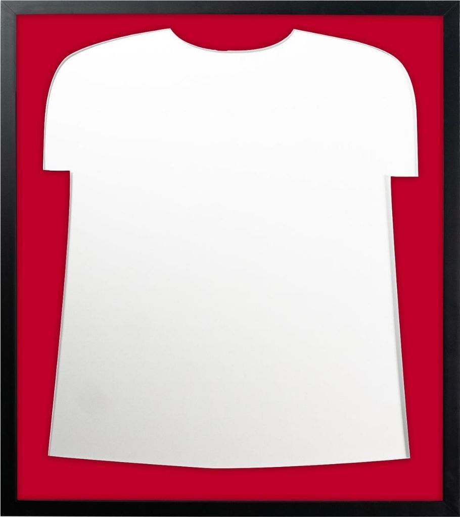 Trikotrahmen Schwarz mit Passepartout in Trikot Form FanFrame- Massivholz Bilderrahmen lackiert, Passepartout:Rot, Trikotrahmen-Größe:Groß