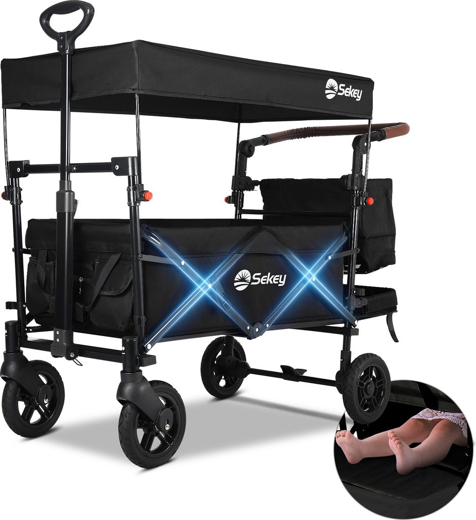 A black folding wagon with a canopy and a small inset image of a child's legs.