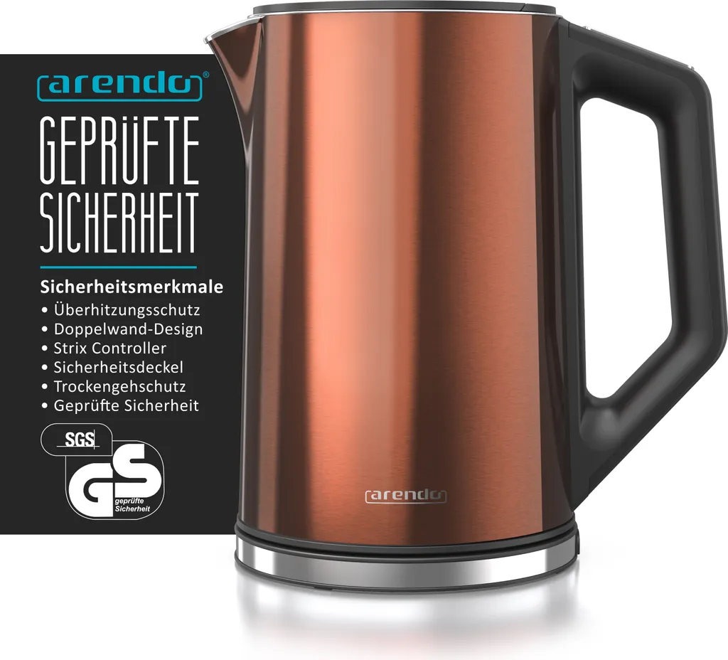 Bollitore Arendo, 1,5 l, 2200 W, acciaio inox, doppia parete, impostazione temperatura 40° - 100 °C con display, rame - 2