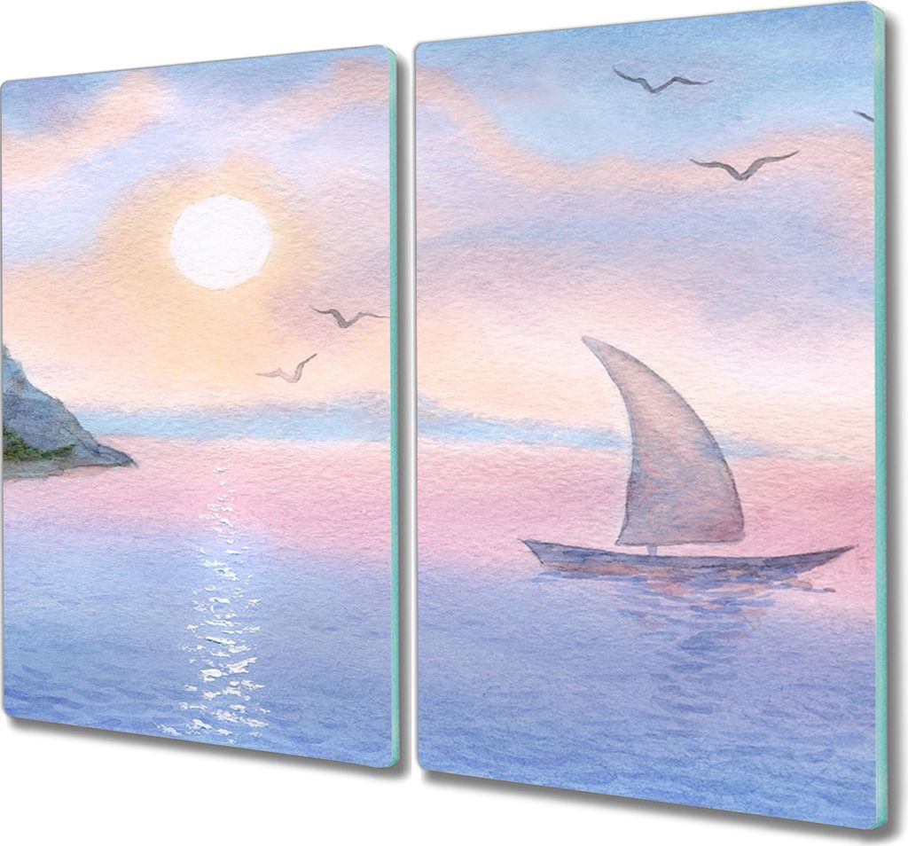 Coloray Herdabdeckplatte 2x30x52 cm Schneidebrett Kochplattenabdeckung Küchenbrett Hackbrett - Aquarellen Boot Meer