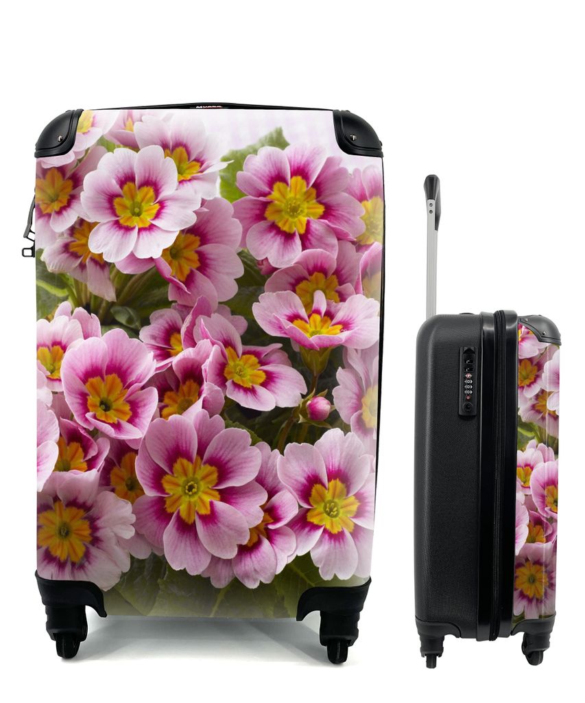 MuchoWow Koffer Handgepäck Trolley Rollkoffer Kleine Reisekoffer mit 4 Rollen - Blumenstrauß mit rosa Schlüsselblumen - Cabin Size < 55x40x23 ...