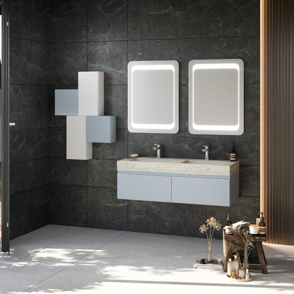 Mobiles Badezimmer 120cm in pastellblau mit doppeltem Aufsatzwaschbecken aus HPL | Diamante