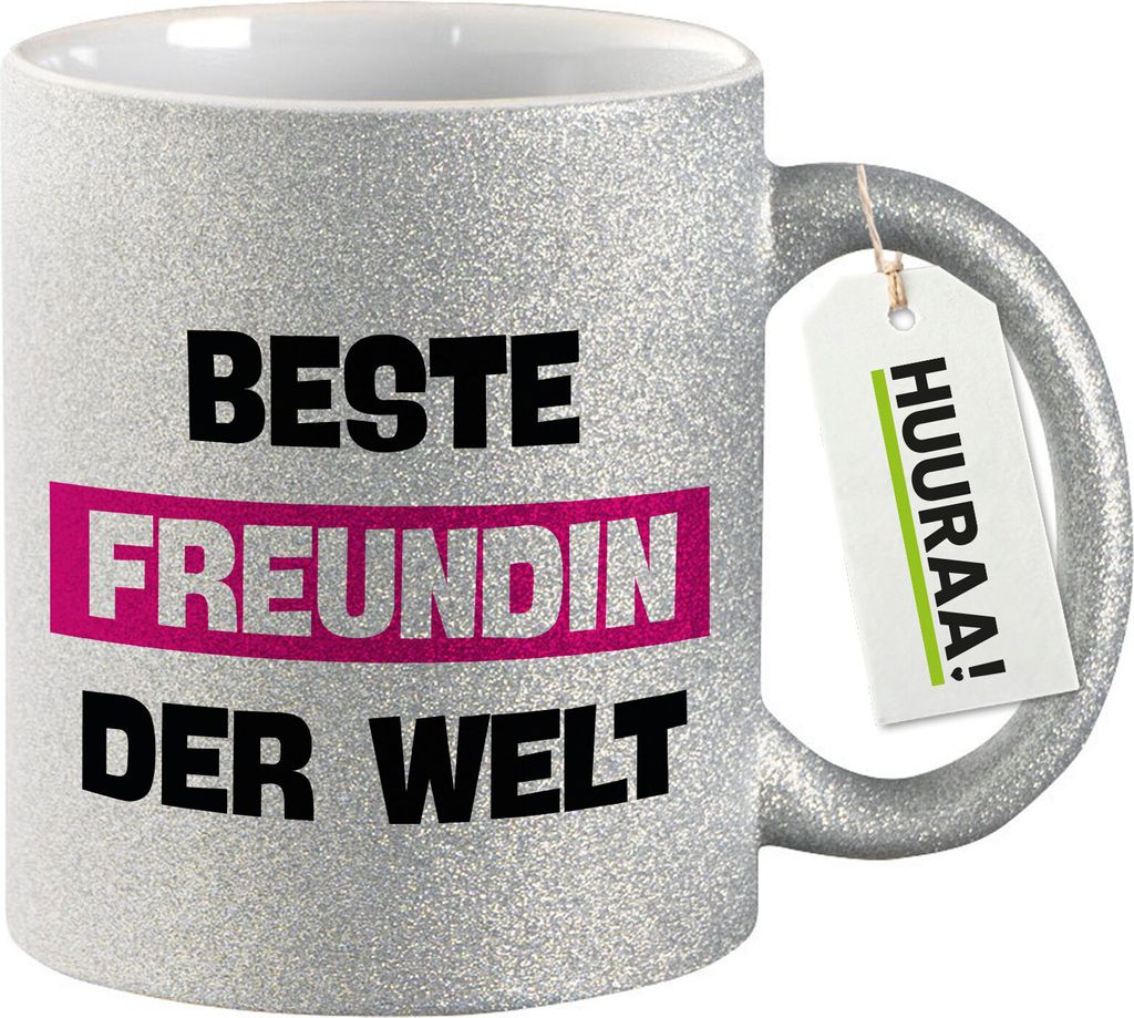 Huuraa Glitzertasse Beste Freundin der Welt 330ml Silber Keramik Kaffeebecher Geschenkidee