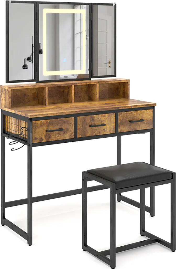 Coiffeuse Compacte Vicco Fyrk 90cm : Miroir LED et Tabouret pour Petit Espace