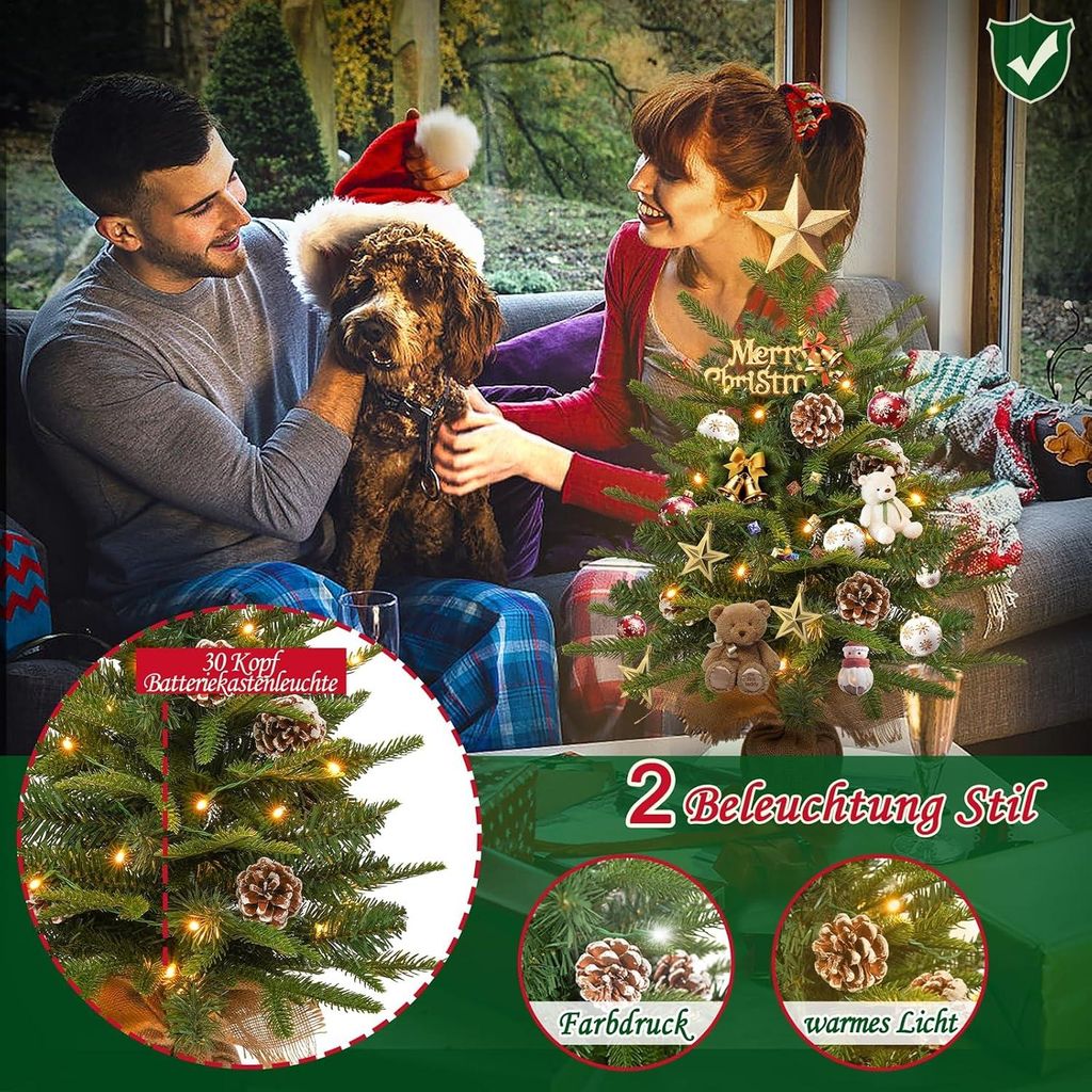 LARS360 Mini Weihnachtsbaum 60 cm mit 30 warmweißen LEDs