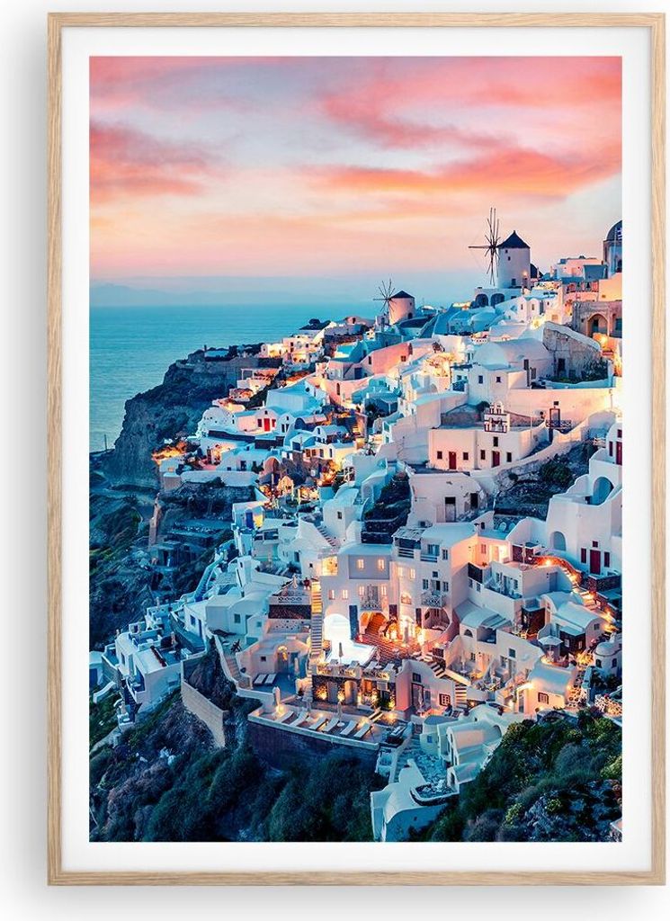 Gerahmtes Poster - Rahmen in heller Eiche - Santorini Griechenland anzeigen - 70x100 cm - Wand Bild - Wanddeko - Wandbilder - Kunstposter - Wandpos...