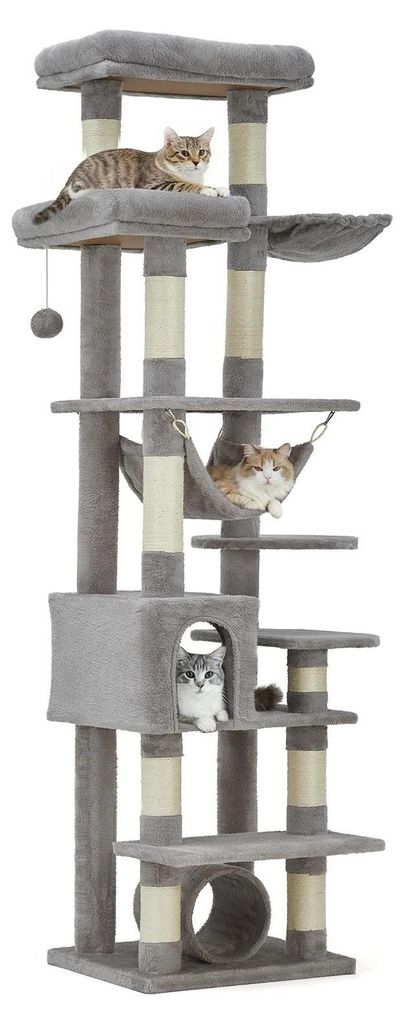 Kratzbaum - Kletterbaum - 5+ Ebenen - Extra Stabil Für Große Katzen - Kratzsäulen - Hängematte - Aussichtsplattform - Spielbälle - Hellgrau