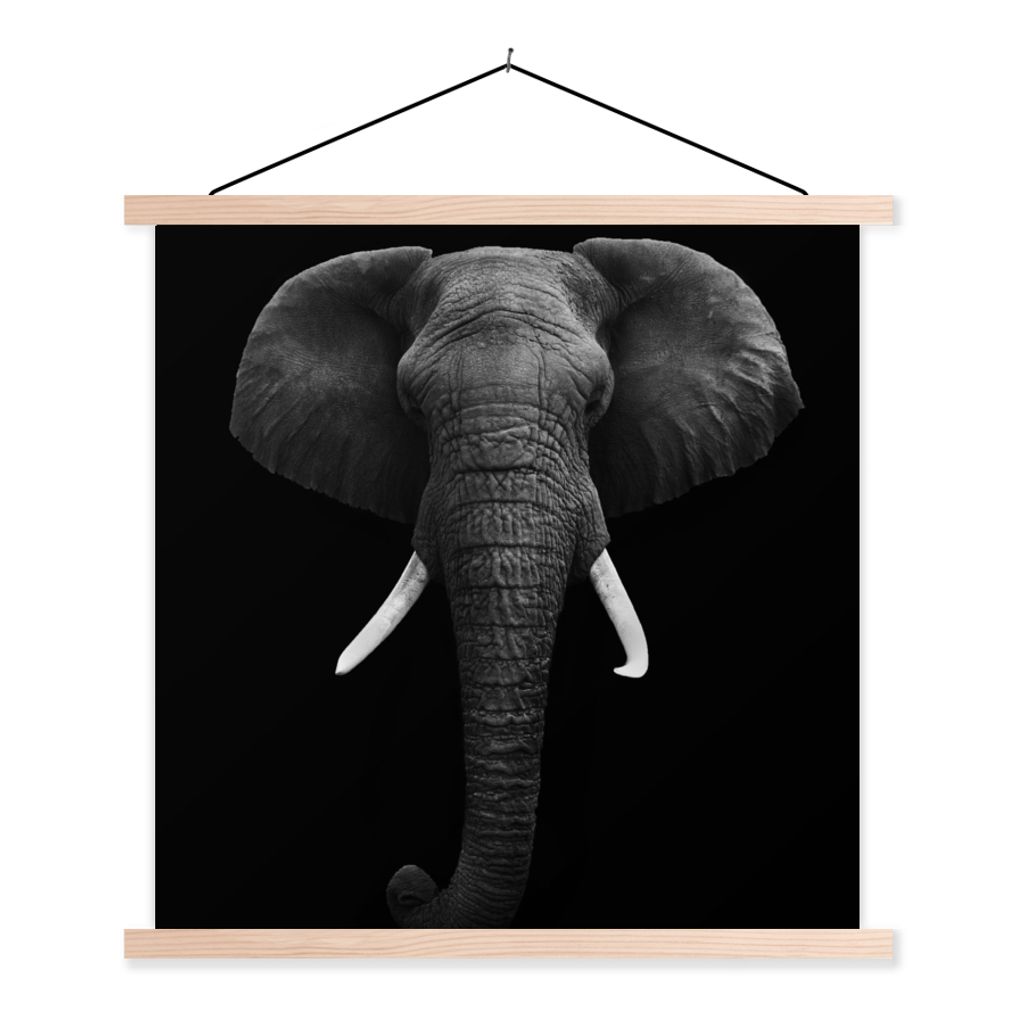 MuchoWow Textilposter Elefant - Wildtiere - Schwarz - Weiß - Porträt 60x60 cm mit holzfarbenen Rahmen - Wanddekoration