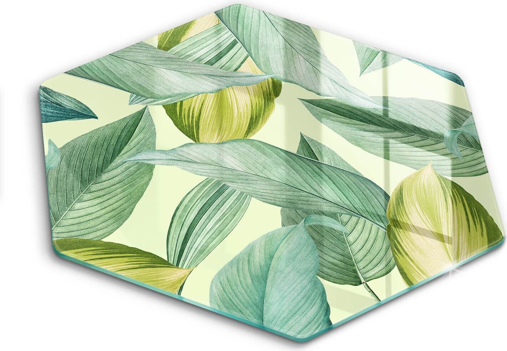 Glasschneideplatte - Herdabdeckplatte - Hexagon 40 cm -Schneidebrett - Spritzschutz - Grüne tropische Blätter