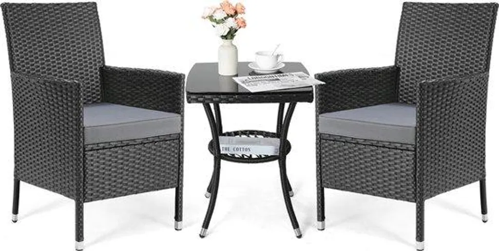 Salon de jardin en rotin 3 places avec coussins gris - Ensemble de terrasse