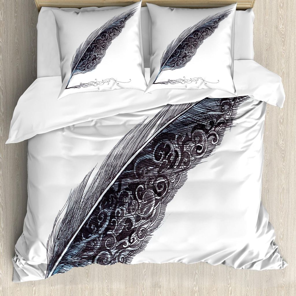 ABAKUHAUS Grau Bettbezug Set, Bild einer datierten antiken klassischen Federkiel-Feder mit Blatt-Motiven auf einer Seite, 155 x 220 cm + 80 x 80 cm...