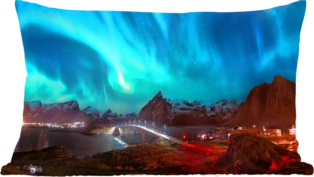 MuchoWow Zierkissen Sofakissen Wohnzimmer Dekokissen 50x30 cm Nordlichter - Berg - Haus - Wohnzimmerdekoration - Polster mit Photo