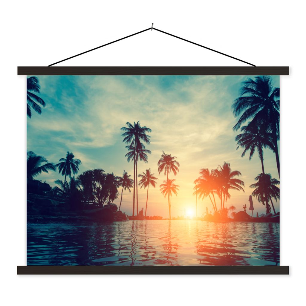 MuchoWow Textilposter Meer - Sonnenuntergang - Palme - Wolken 150x113 cm mit schwarzem Rahmen - Wohnzimmer