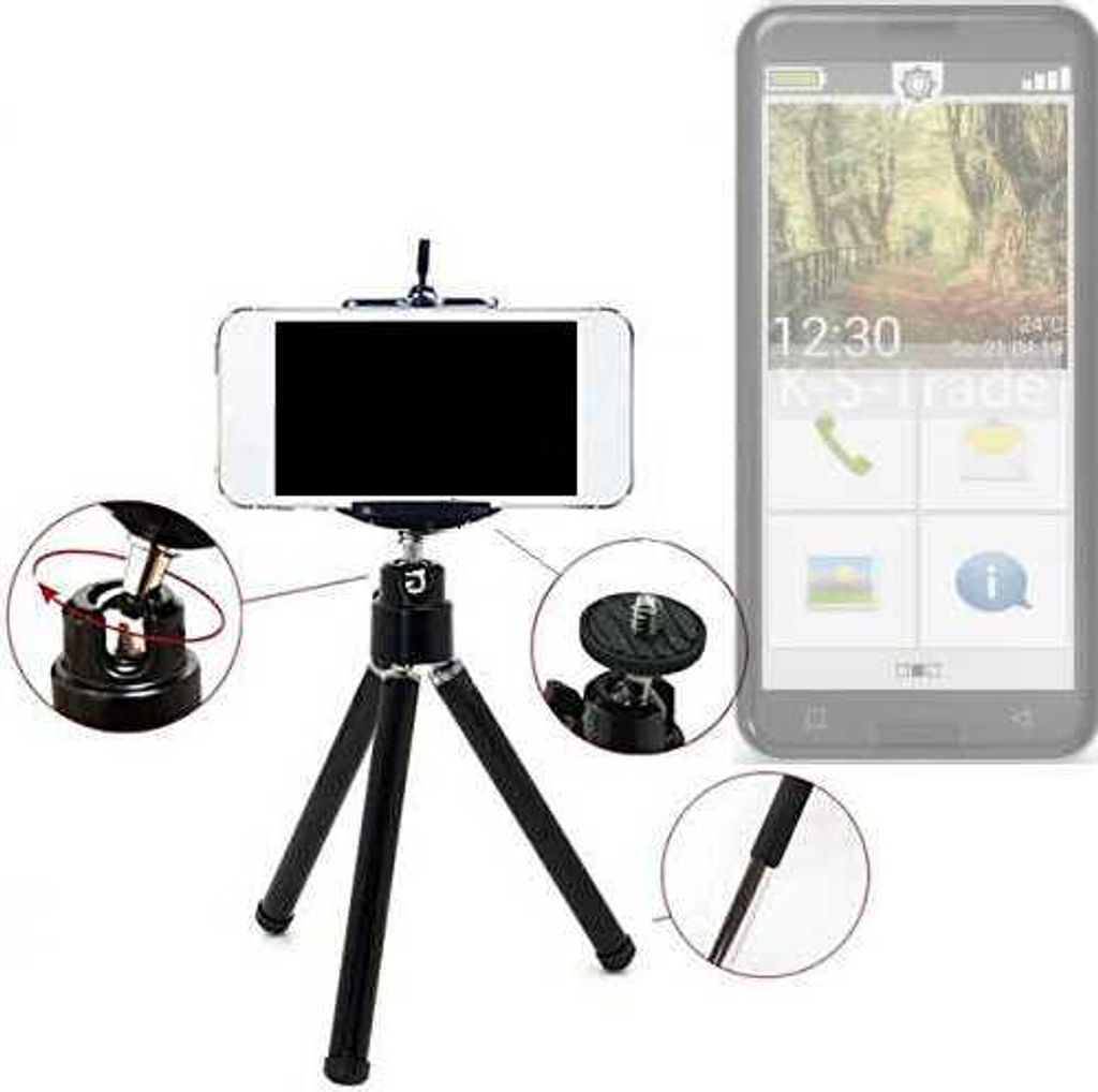 K-S-Trade Smartphone Stativ Dreibein kompatibel mit Emporia Smart.3 Tripod aus Aluminium Klemmstativ Stativ Adapter für Mobiltelefone schwarz 1x