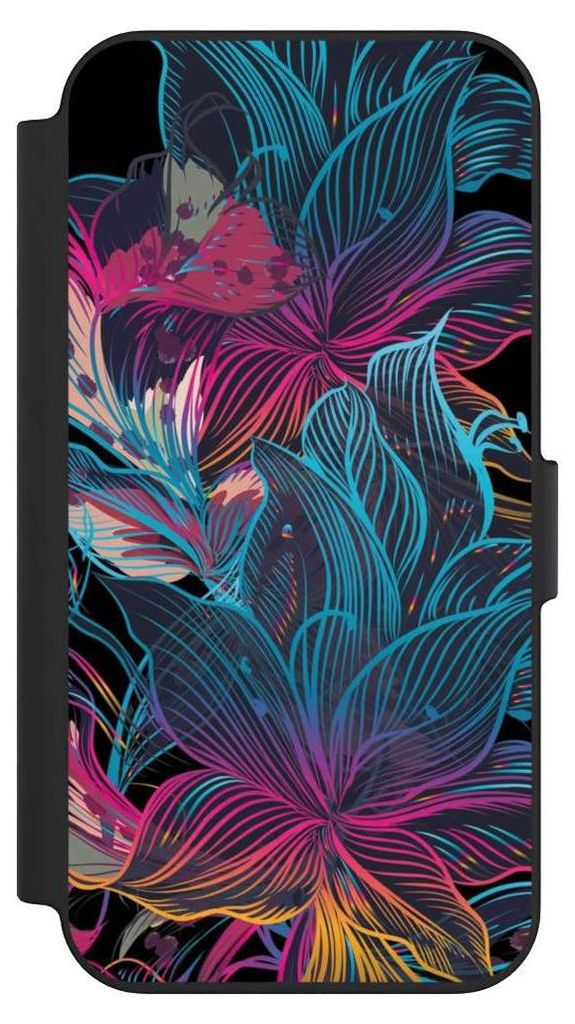 NIVOCASE Klapphülle für Apple iPhone 13 Handyhülle aus Kunst Leder NIVOflip schwarz Blumen Neon bunt