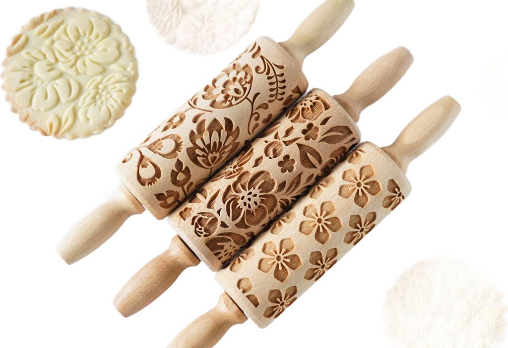 MoodForWood Nudelholz aus Holz, 25 cm, mit Griffen, 3er-Set, graviert, perfekt zum Backen - Muster „Summer Vibrations“