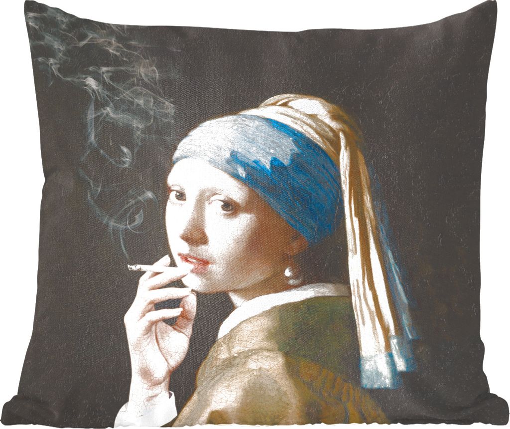 MuchoWow Zierkissen Sofakissen Wohnzimmer Dekokissen 45x45 cm Das Mädchen mit dem Perlenohrring - Vermeer - Rauchen - Schlafpolster - Polster f...
