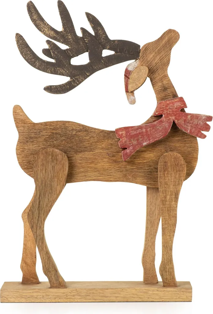 Décoration de Noël pour salon renne en bois sculpté et écharpe rouge