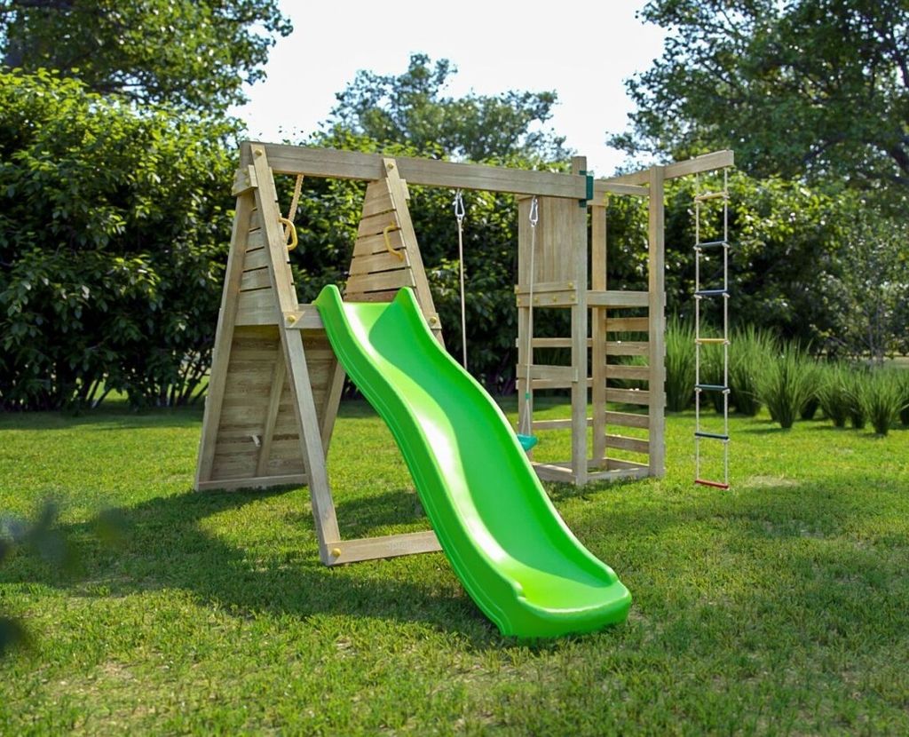 Fungoo Spielturm "Climber" teak mit Rutsche, Einzelschaukel, Kletterwand und Schaukelsitze