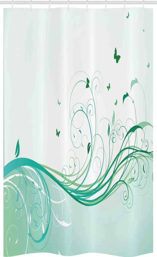 ABAKUHAUS vittoriano Tenda da doccia stretta, linee sinuose, fiori ondulati, set decorativo per bagno in tessuto con ganci, 120 x 180 cm, verde menta chiaro