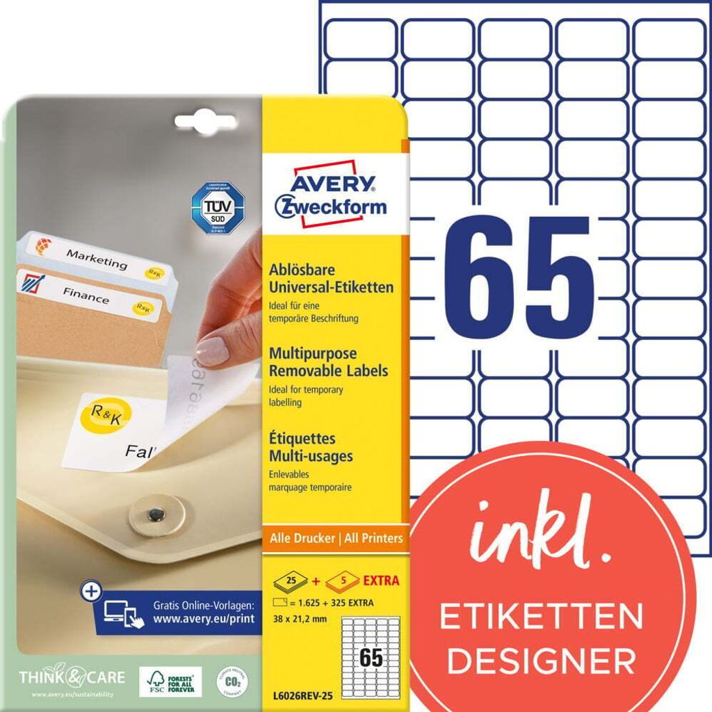 Avery Zweckform L6026REV-25 Universal-Etiketten, A4, 38,1 x 21,2 mm, 1.950 Etiketten/30 Bogen, weiß