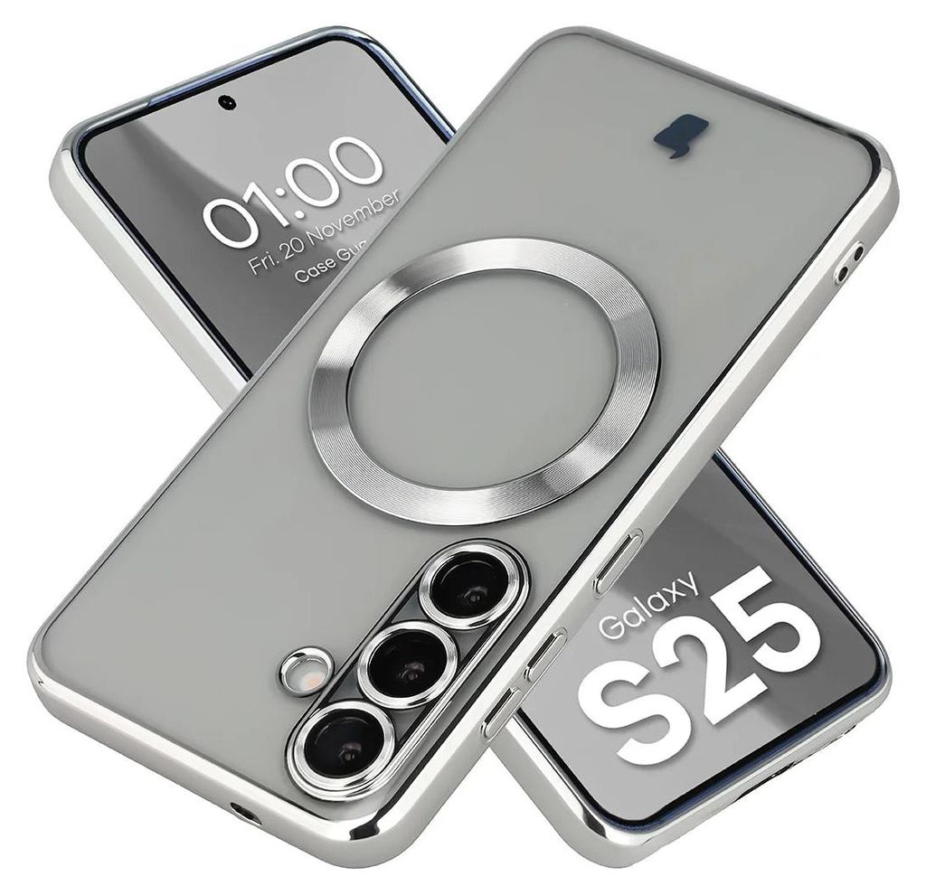 Handyhülle mit Kameraschutz und Magnetring für Galaxy S25, Bizon Case GuardO, Transparent-Silbern