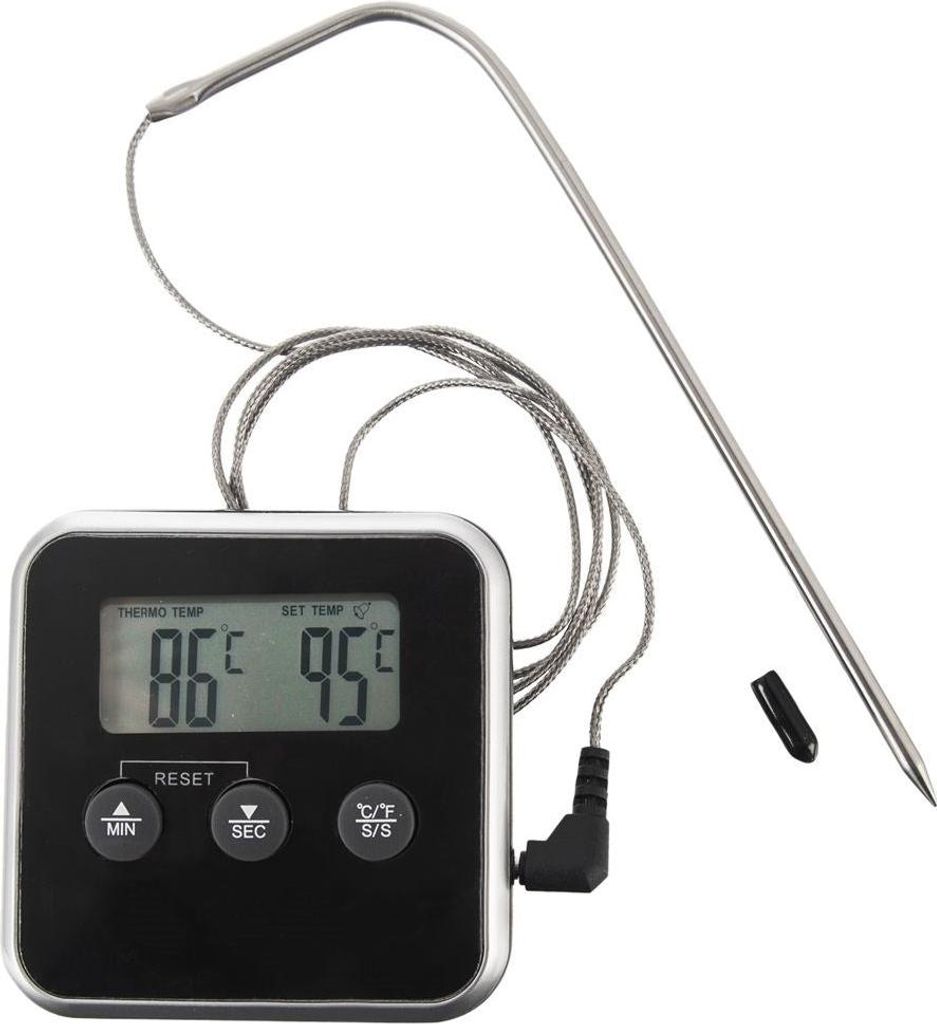 A digital kitchen thermometer with a probe and a digital display showing temperature readings.
