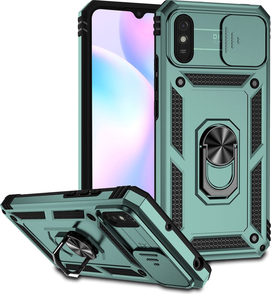 Redmi 9A Hülle mit Schiebe Kamera Schutz und Ringhalter Ständer Robust Rüstung Schutzhülle für Xiaomi Redmi 9A Grün