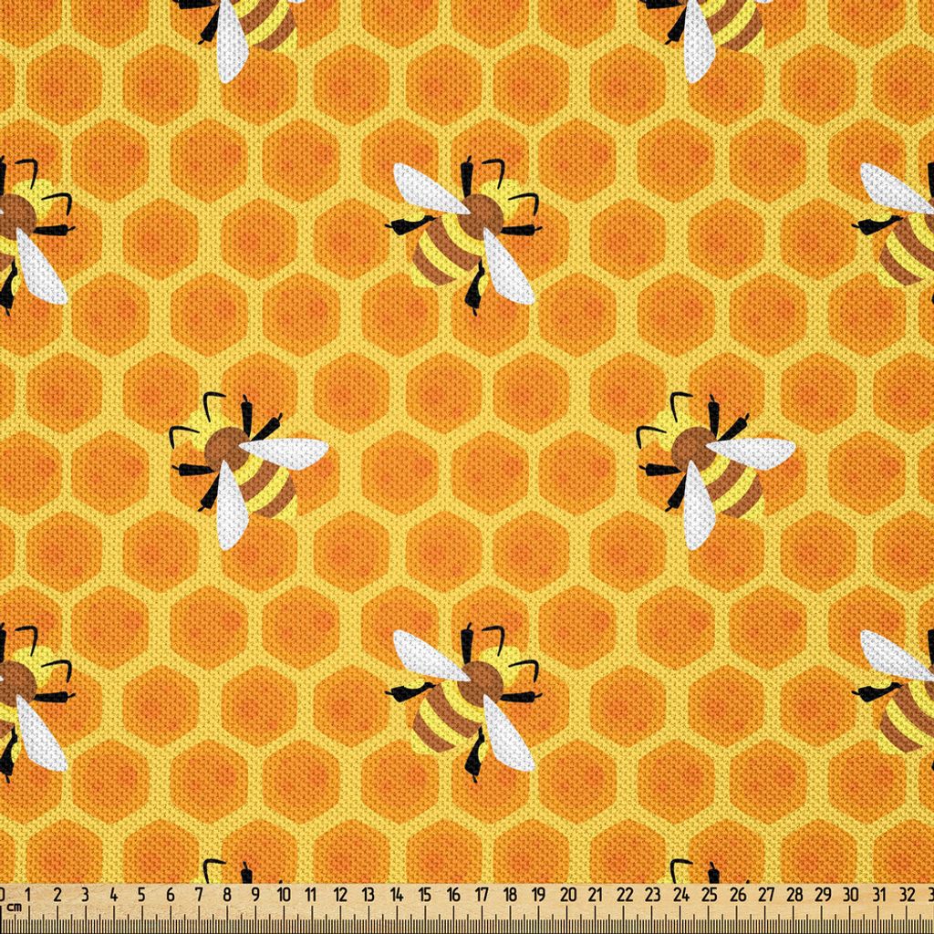 ABAKUHAUS Tierkunst Satin Stoff als Meterware, Wiederholendes Muster von Zier Bienen auf Honig Kämme Natural Nutrition, 10 M (148 x 1000 cm), Senf...