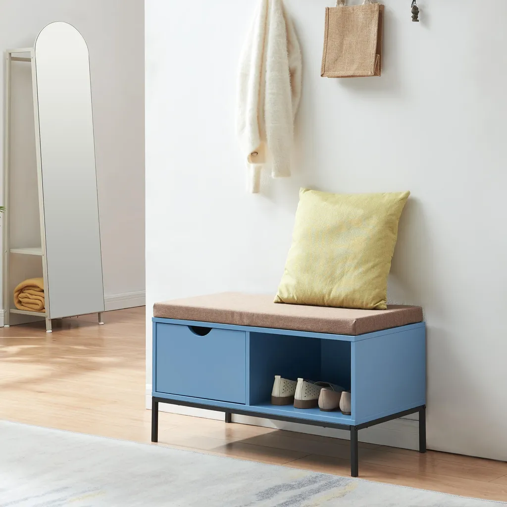 Banc à chaussures bleu Colwyn avec assise confortable et tiroir intégré
