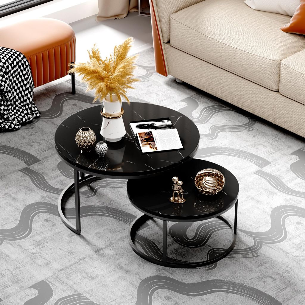 STILVORA 2er-set Couchtisch Satztisch Set Sofatische MDF Satztisch Wohnzimmertische- Rund Schwarz