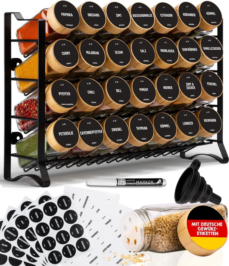 Étagère à Épices Anti-Désordre en Métal Noir avec 28 Pots de Verre