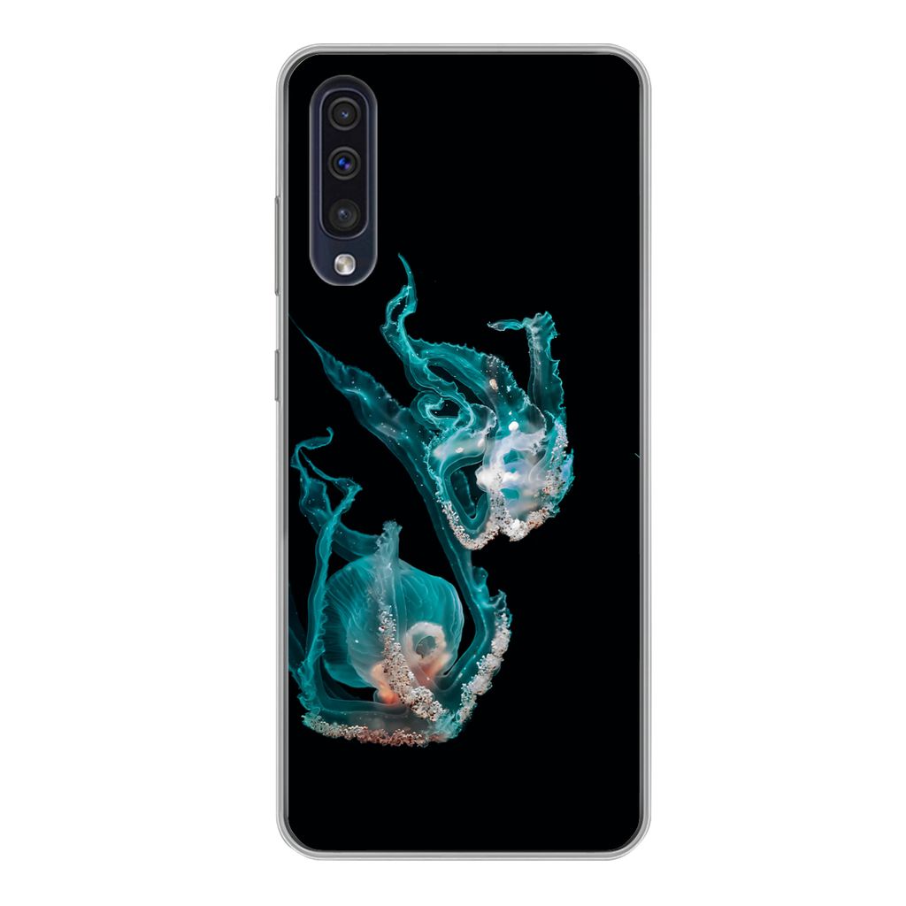 MuchoWow Handyhülle Schutzhülle Hülle für Samsung Galaxy A50 Quallen - Meerestiere - Schwarz Silikon Softcase Handy Hülle - Mobiltelefonhülle