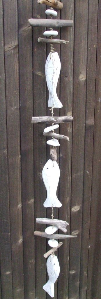 Treibholzhänger Fisch, mediterrane Girlande, Treibholz, weiss, maritim