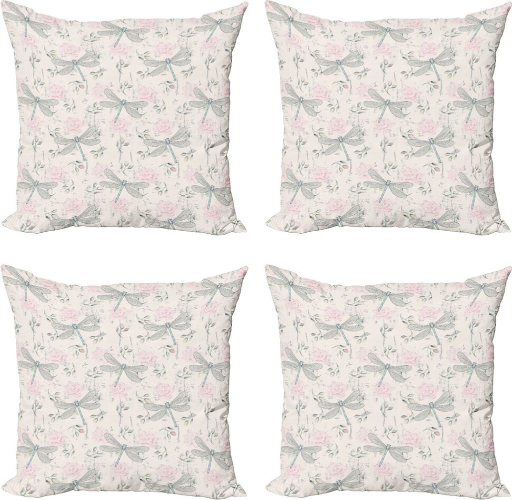 ABAKUHAUS Libelle Kissenbezug Set (4 Stück), Vintage Dragonfly, Moderner Doppelseitiger Digitaldruck, 60 cm x 60 cm, Hellrosa Blassgrau